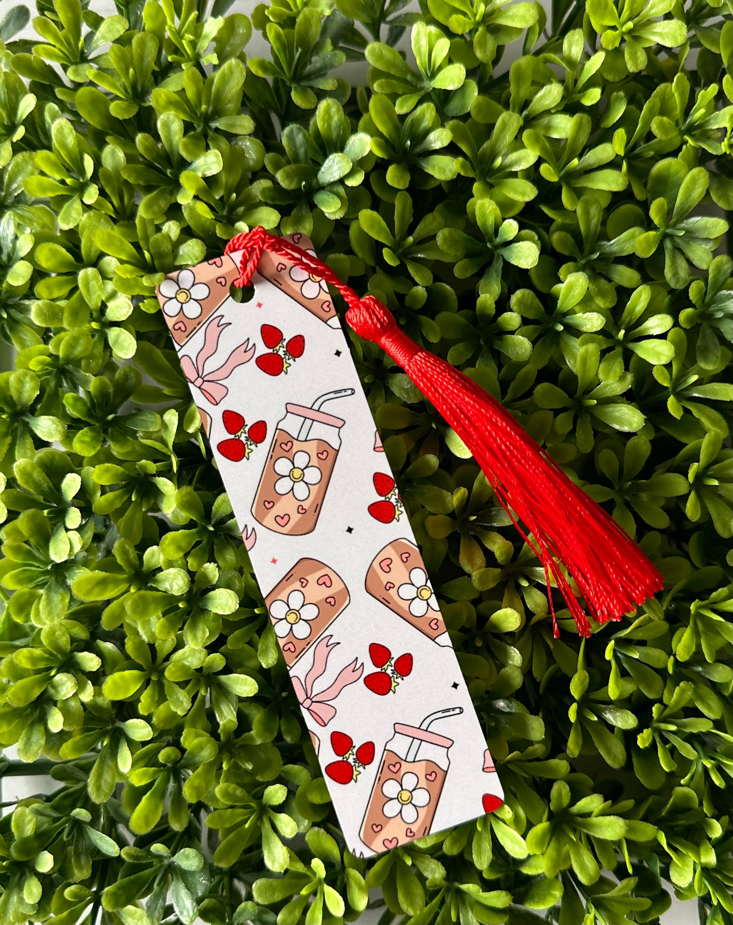Iced coffee, bows, & strawberries bookmark
