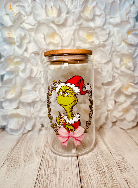 Grinch wreath clear glass cup