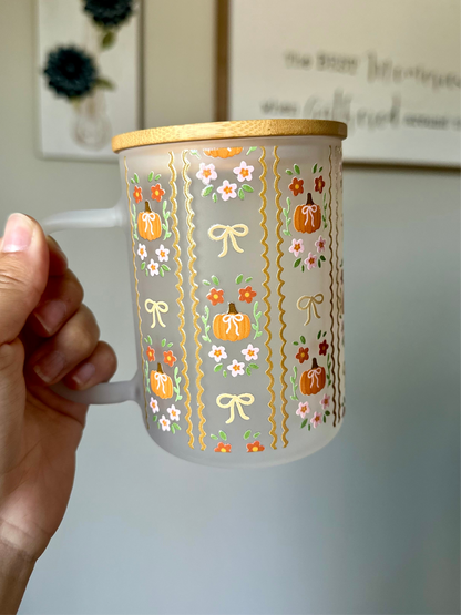 Beige Lace & Pumpkins Glass Mug