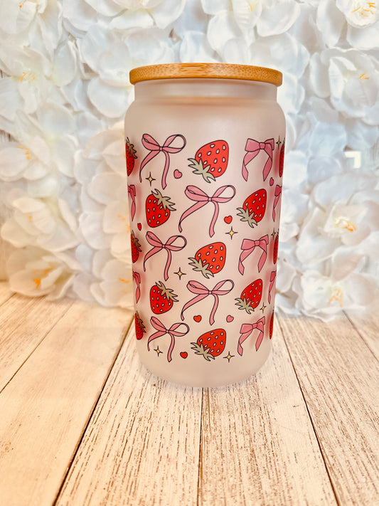 Bows & Strawberries Frosted Glass Cup