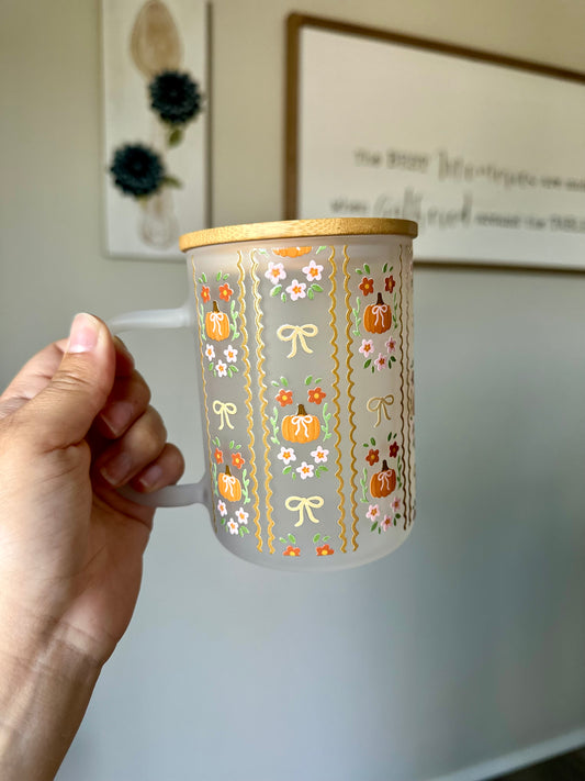 Beige Lace & Pumpkins Glass Mug