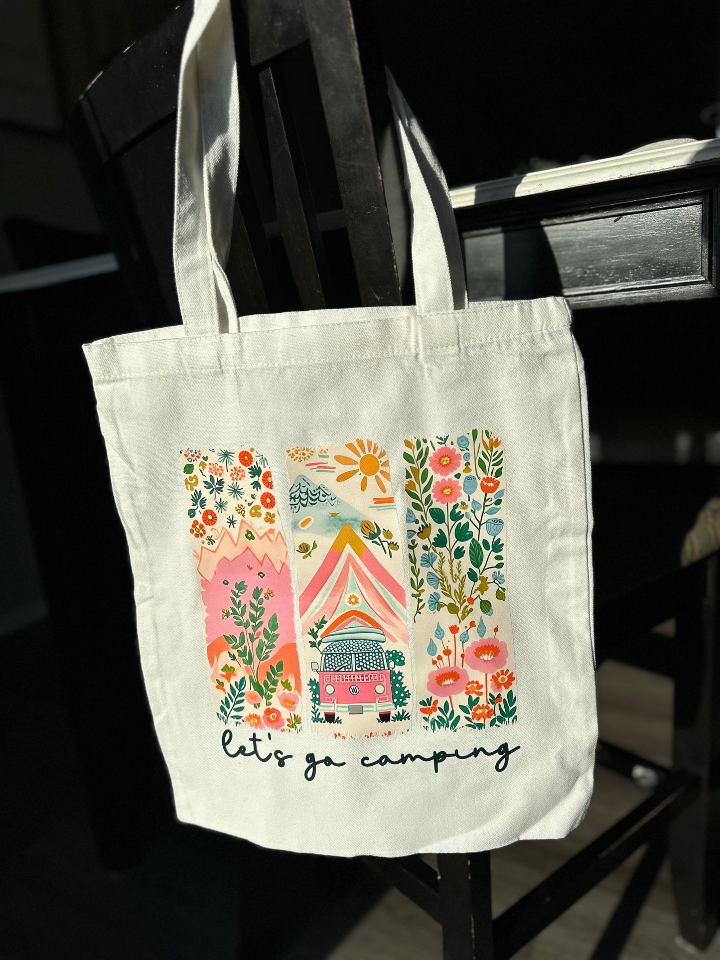 lets go camping tote bag