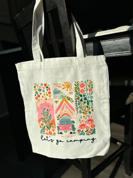 lets go camping tote bag